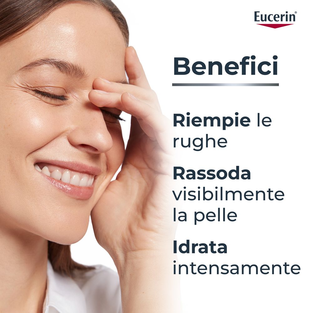 Donna con viso. Testo: Benefici: Riempe le rughe, rassoda visibilmente la pelle, idrata intensamente. Logo Eucerin.