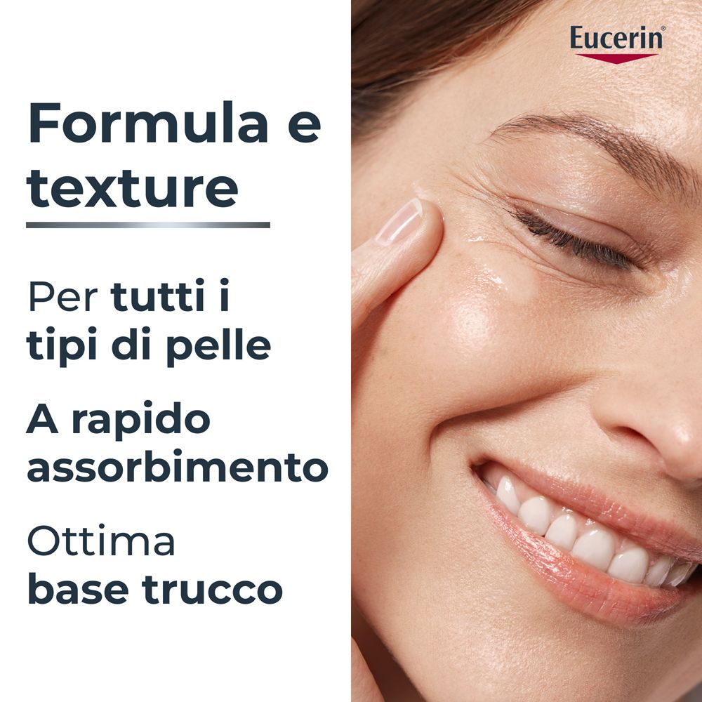 Donna con viso. Testo: Formula e texture. Per tutti i tipi di pelle. A rapido assorbimento. Ottima base trucco. Logo Eucerin.