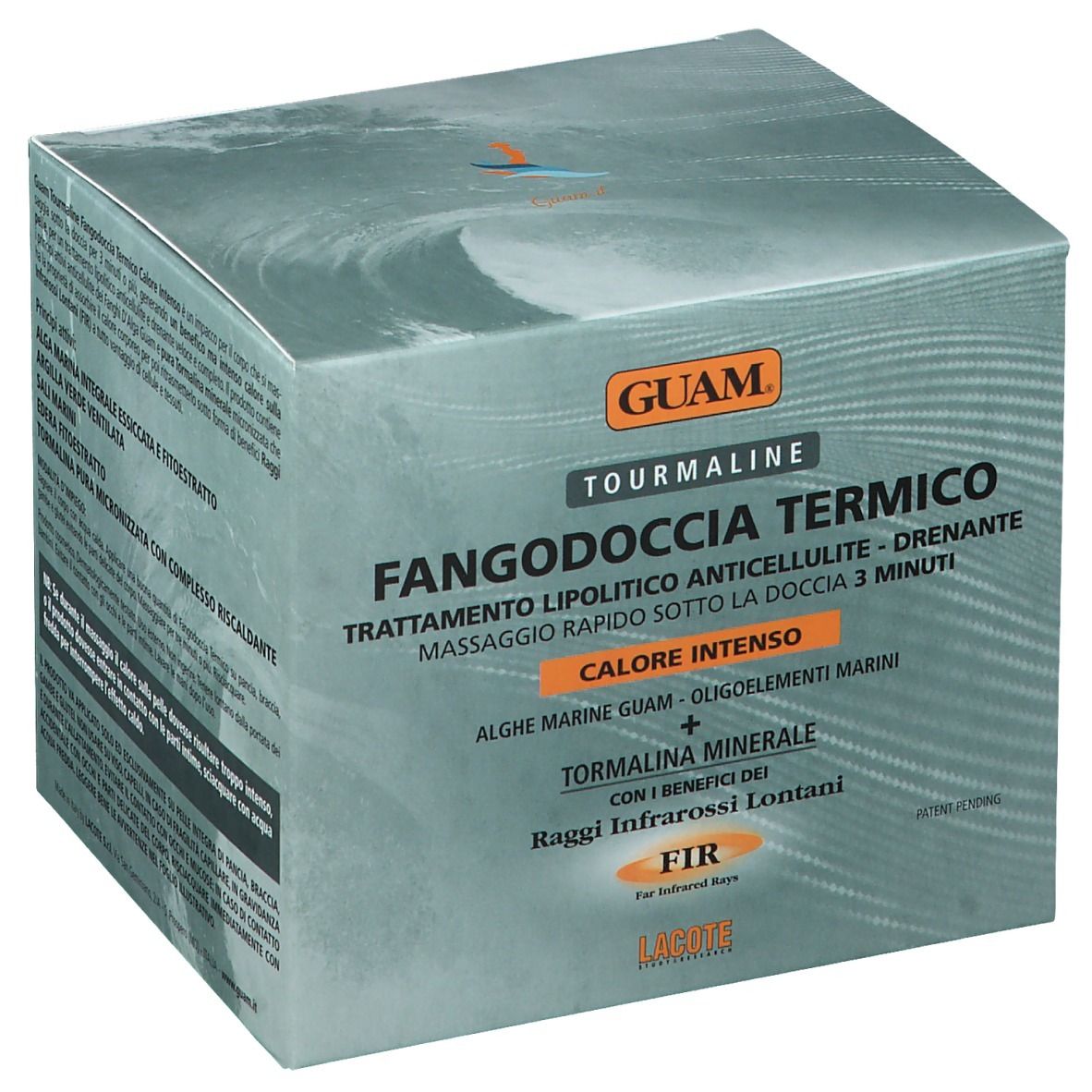 Confezione del prodotto GUAM® Turmalin-Thermalschlamm-Dusche. Scatola quadrata con nome del prodotto e ingredienti.