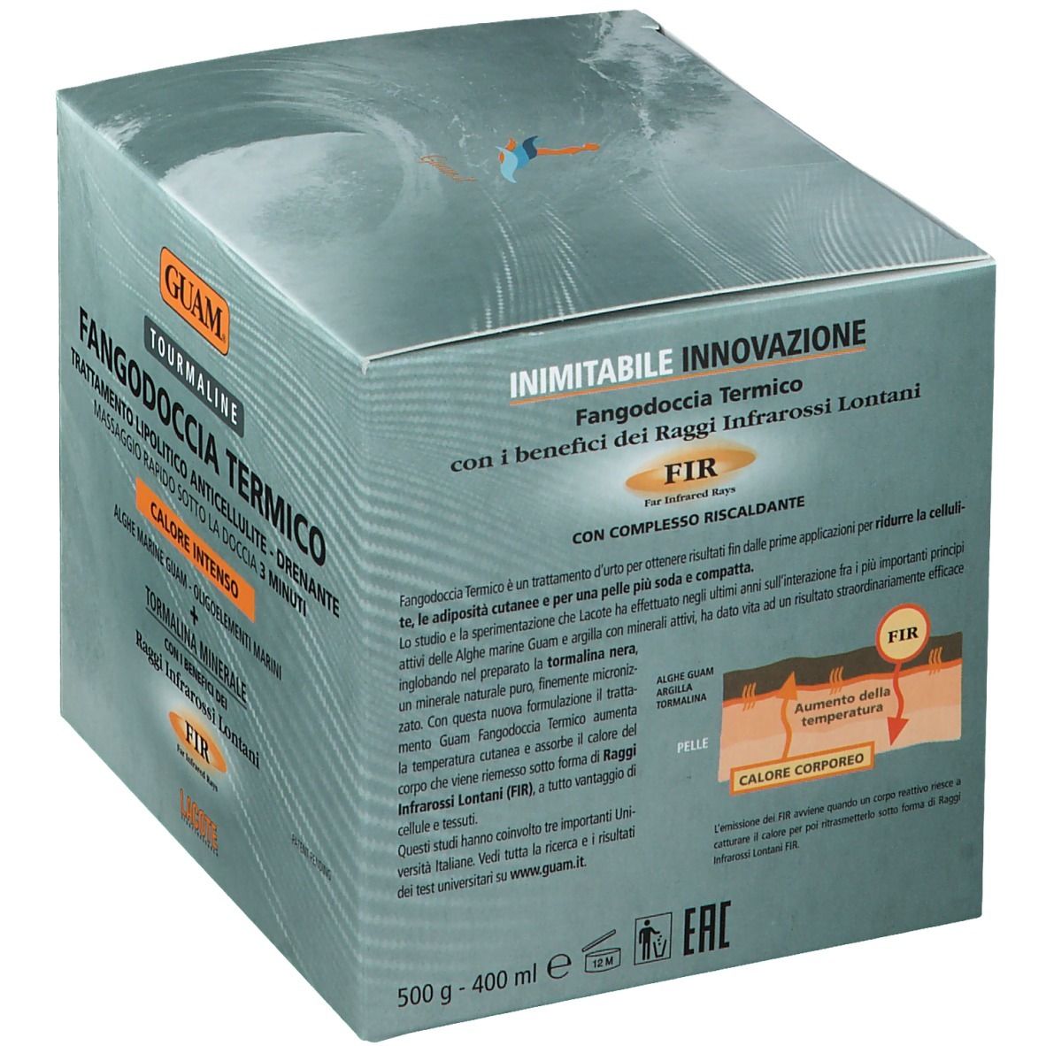 Confezione del prodotto GUAM® Turmalin-Thermalschlamm-Dusche. Scatola quadrata con informazioni e illustrazioni.