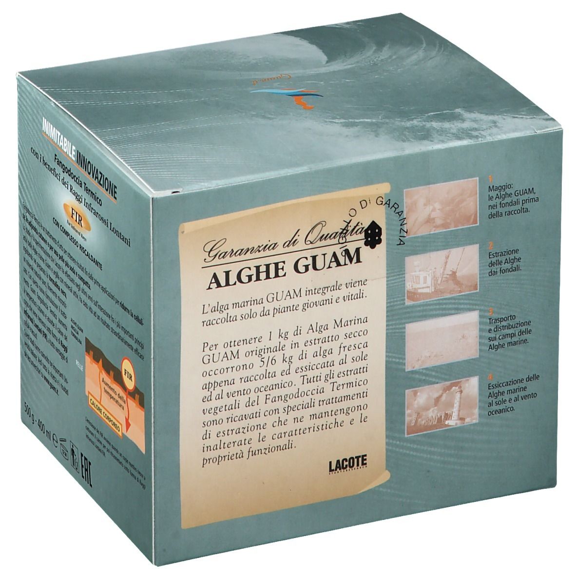 Retro della confezione del prodotto GUAM® Turmalin-Thermalschlamm-Dusche. Testo e illustrazioni.