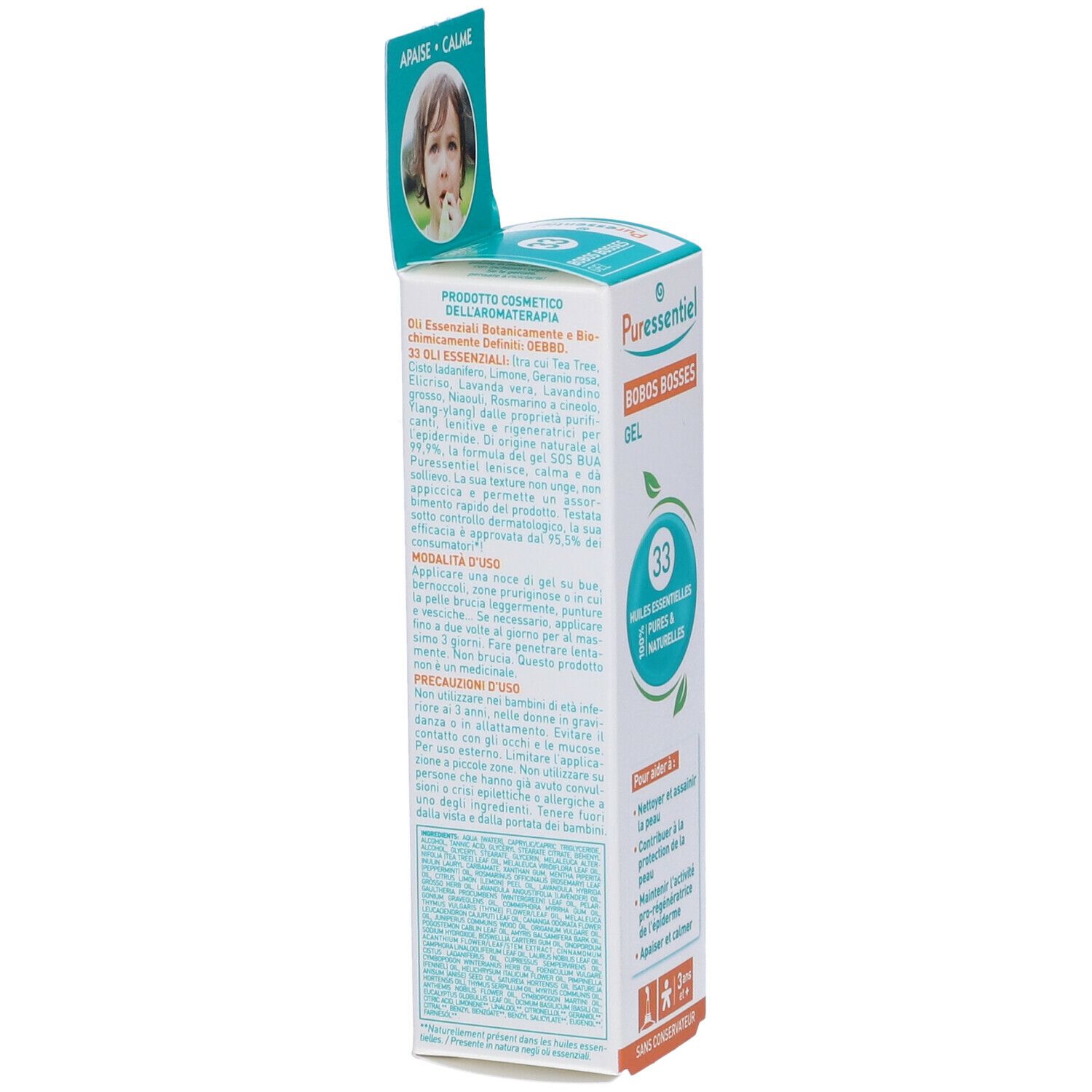 Retro della scatola di gel Puressentiel Bobos Bosses. Testo sugli ingredienti e l'uso. Per bambini dai 3 anni.
