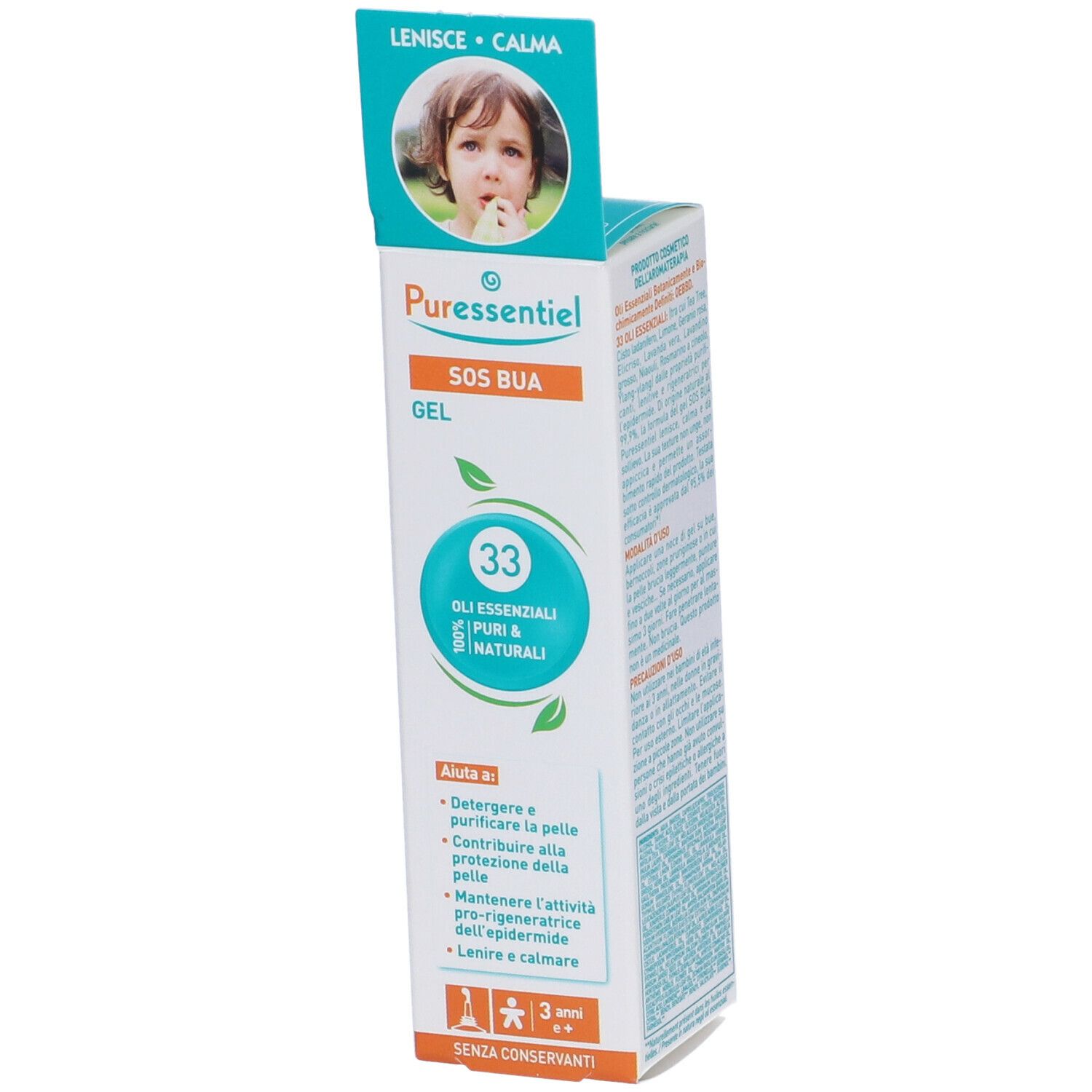 Scatola di gel Puressentiel SOS Bua. Contiene 33 oli essenziali puri e naturali. Per bambini dai 3 anni.