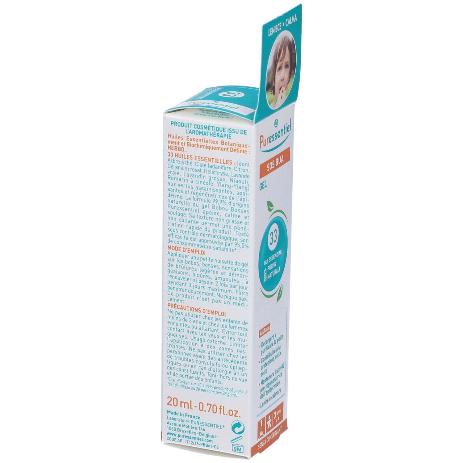 Retro della scatola di gel Puressentiel SOS Bua. Testo sugli ingredienti e l'uso. 20 ml. Fabbricato in Francia.