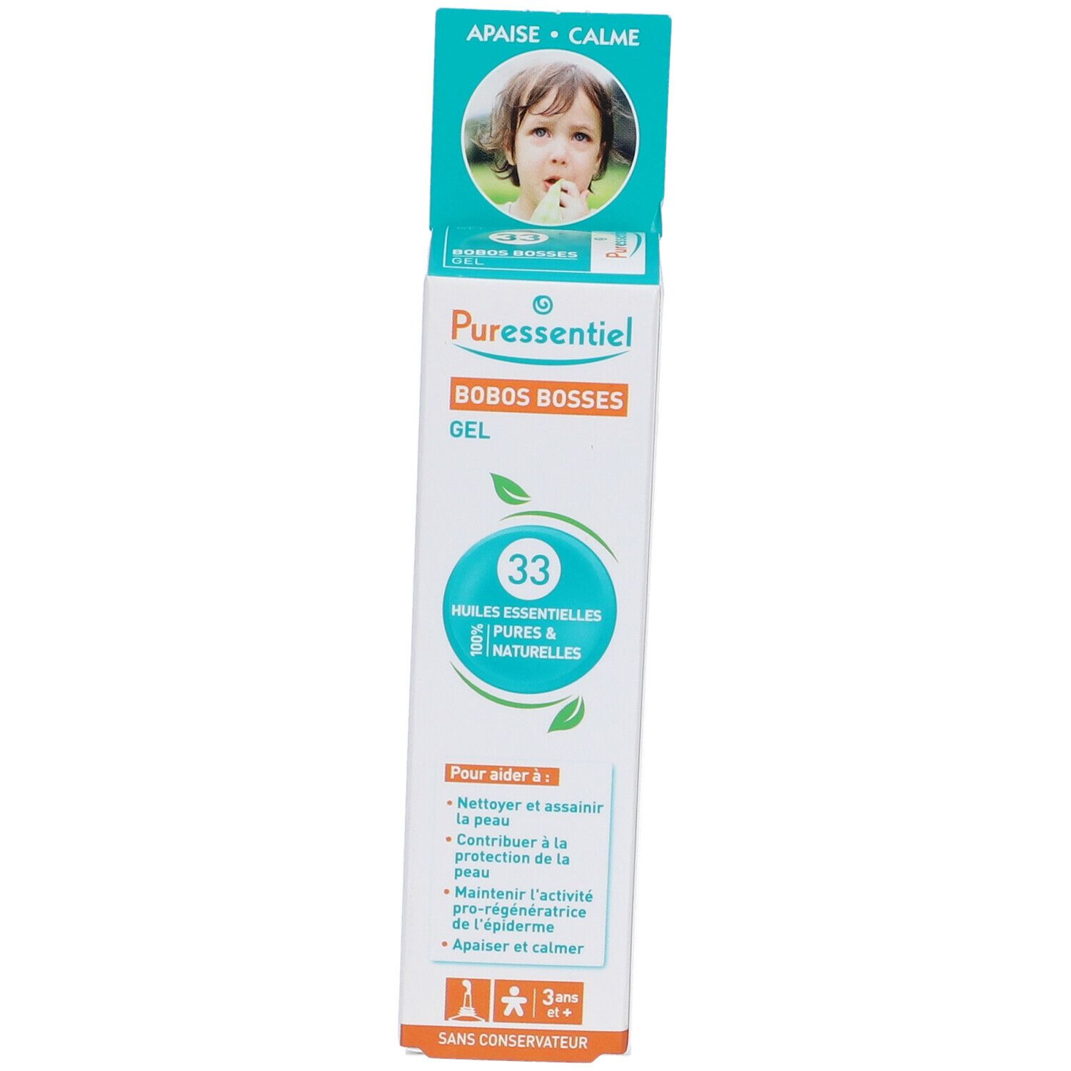 Scatola di gel Puressentiel Bobos Bosses. Contiene 33 oli essenziali. Per bambini dai 3 anni. Senza conservanti.