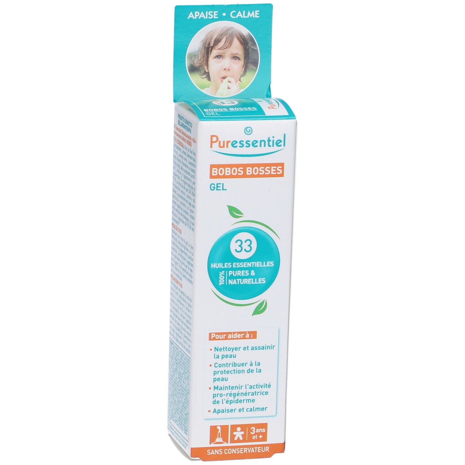 Scatola di gel Puressentiel Bobos Bosses. Contiene 33 oli essenziali. Per bambini dai 3 anni. Senza conservanti.