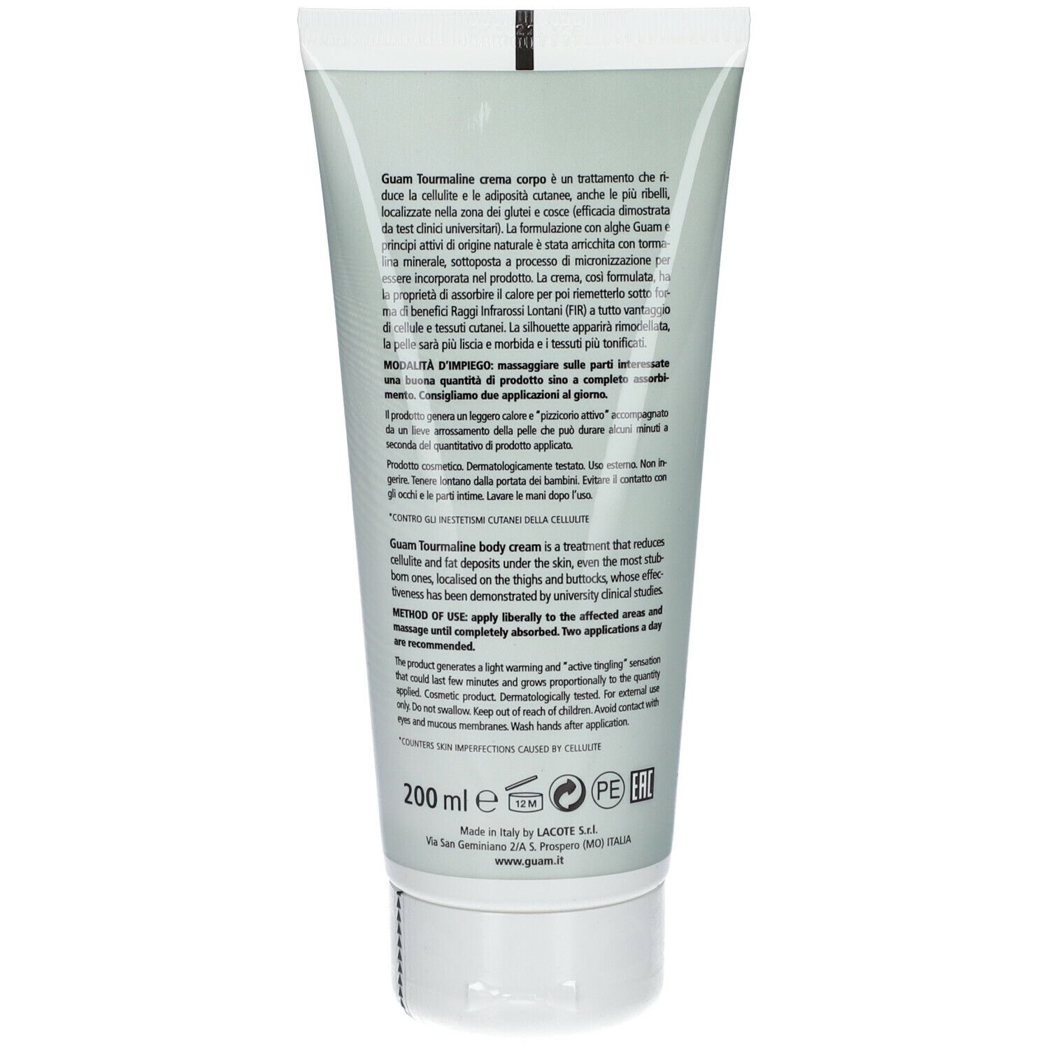 Dos du tube. Texte: Guam Tourmaline crème, 200 ml, ingrédients, mode d'emploi.