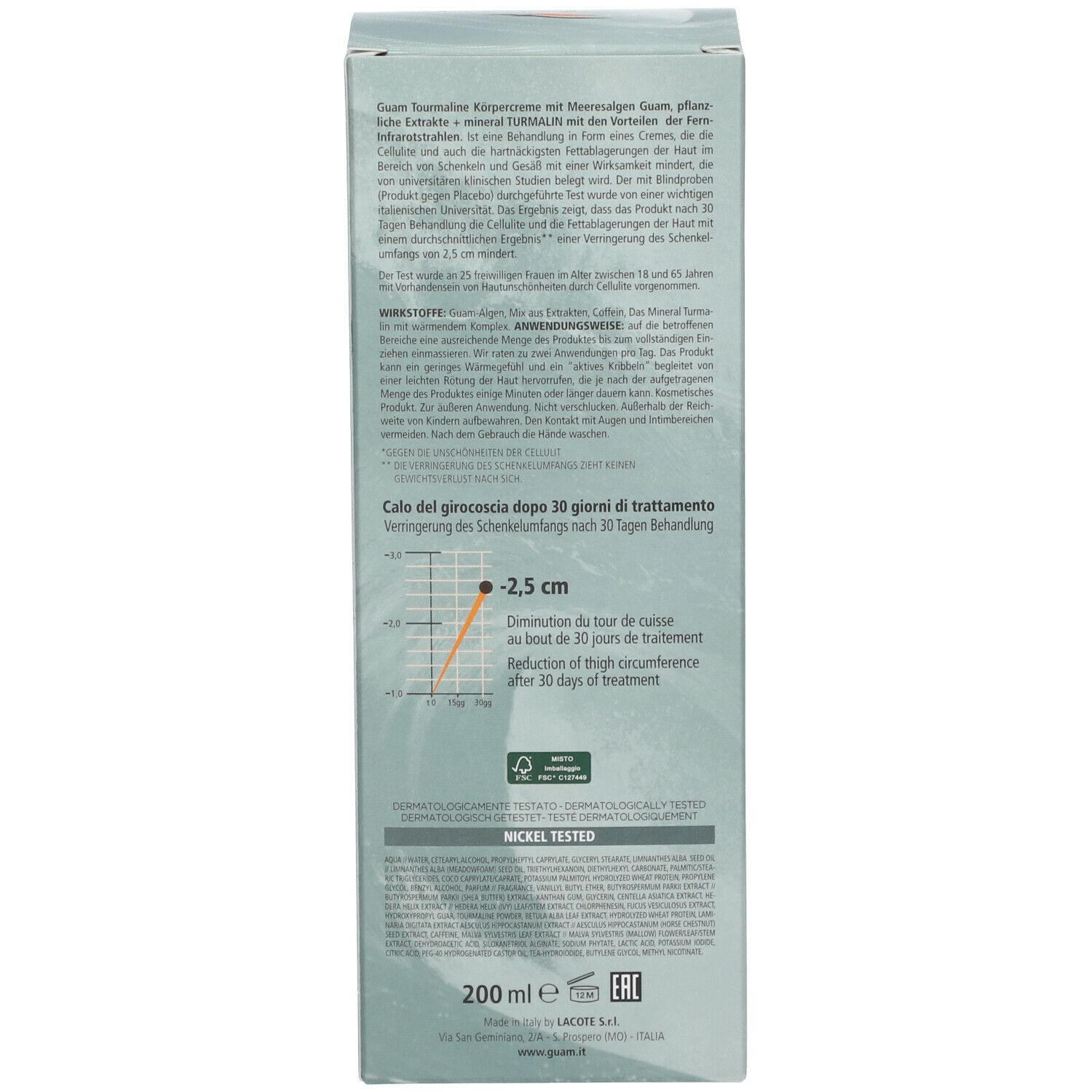 Emballage. Texte: Crème pour le corps Guam Tourmaline, ingrédients, mode d'emploi, 200 ml.