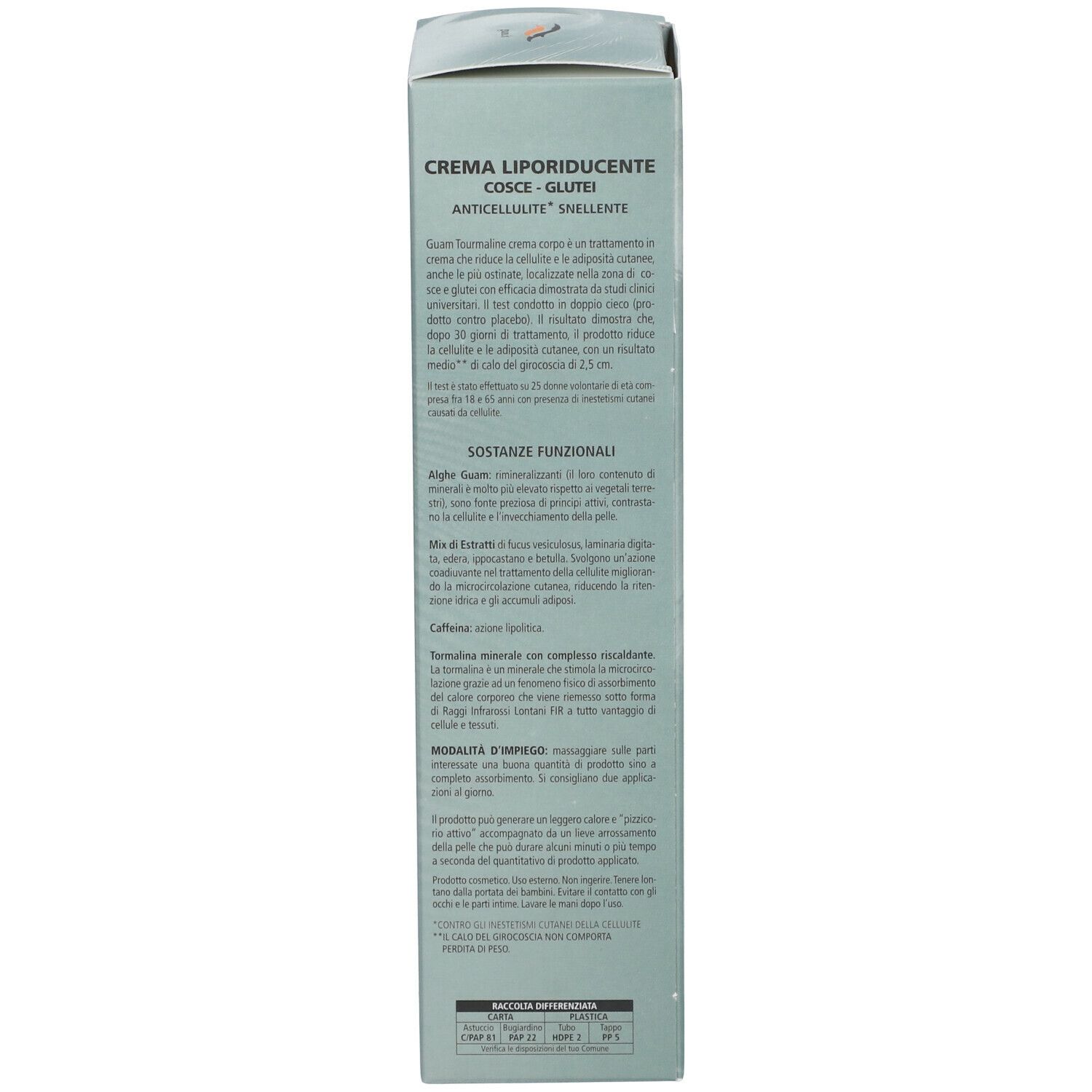 Emballage. Texte: Crema Liporiducente, Cosce-Glutei, Anticellulite, Snelente. Ingrédients, utilisation.