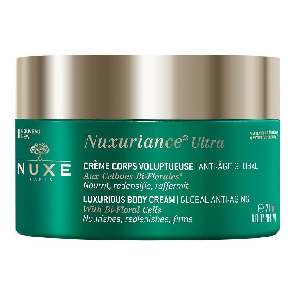 Vaso verde con coperchio argentato. Scritta Nuxuriance Ultra, Crème Corps Voluptueuse. Con cellule Bi-florali.