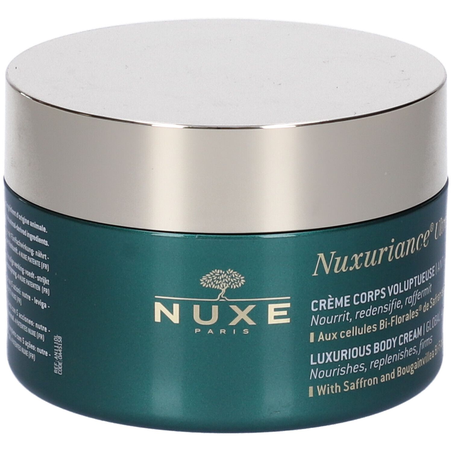Vaso verde con coperchio argentato. Scritta Nuxuriance Ultra, NUXE PARIS. Crème Corps Voluptueuse. Con Zafferano e Bougainvillea.