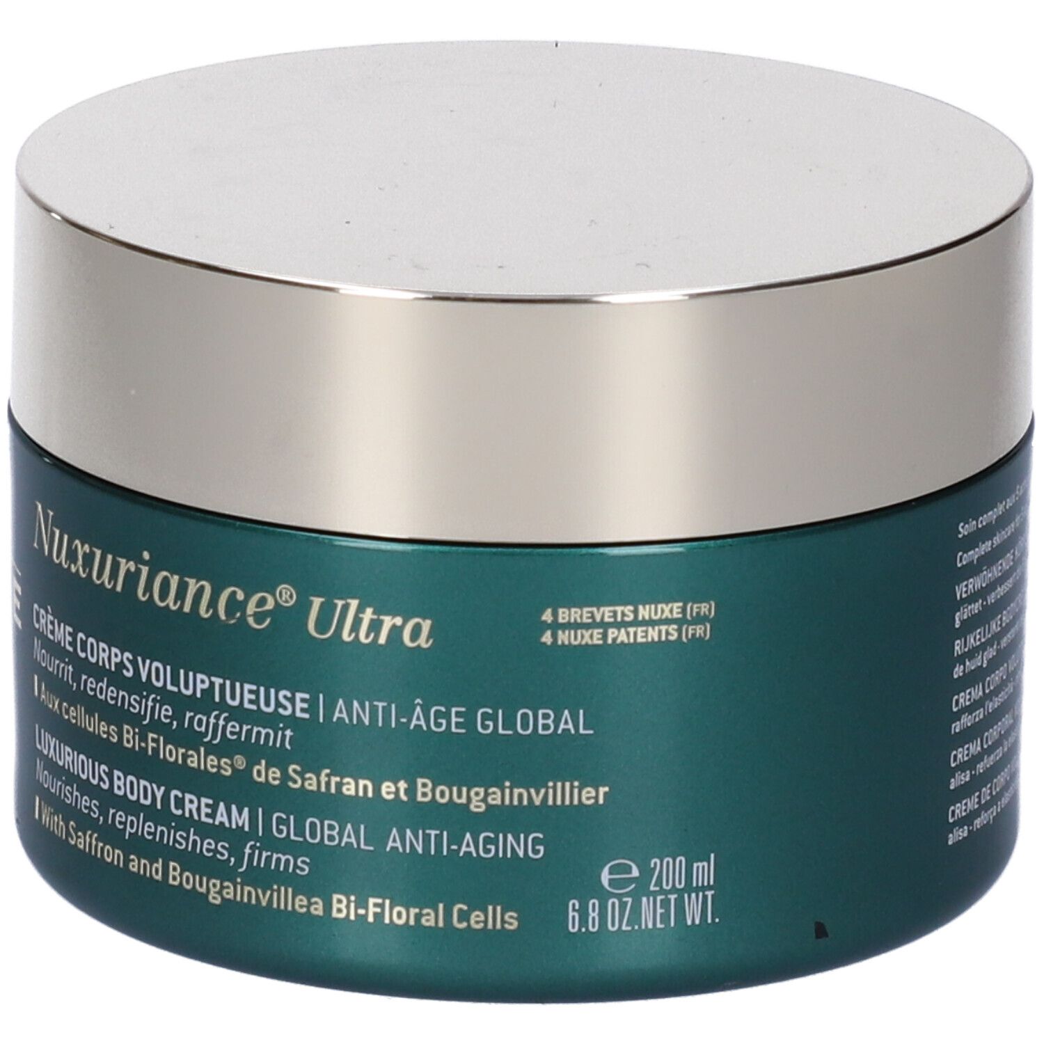 Vaso verde con coperchio argentato. Scritta Nuxuriance Ultra, Crème Corps Voluptueuse. 200 ml. 6.8 OZ. NET WT.