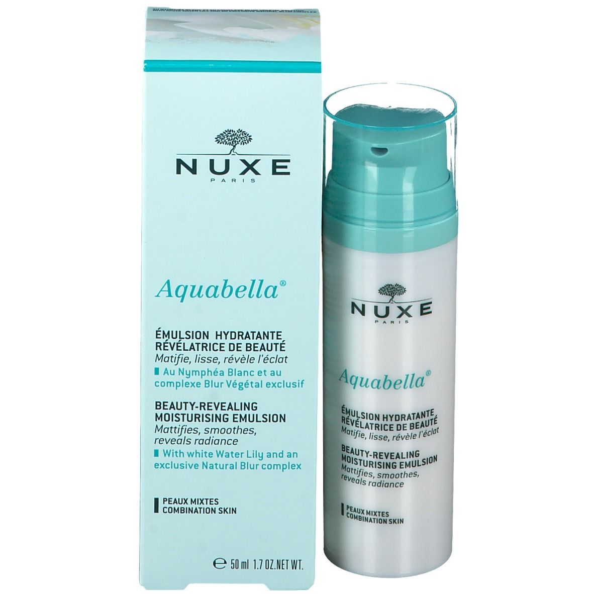 Emballage avec flacon. Inscriptions: NUXE, Aquabella, Emulsion hydratante. Pour peaux mixtes. Avec nénuphar blanc.