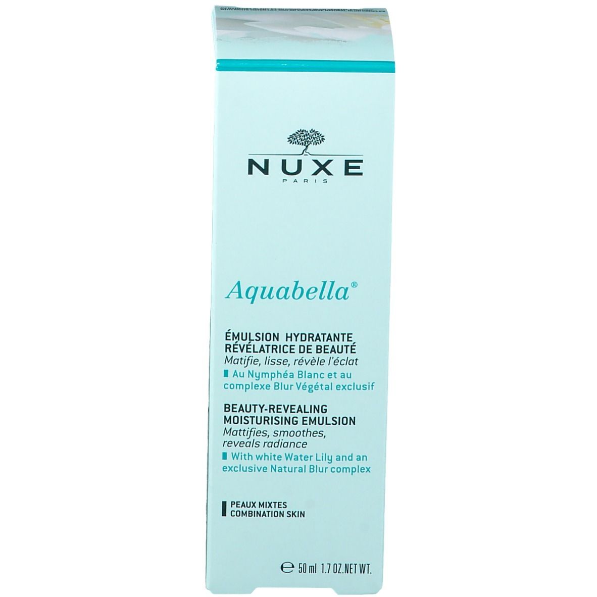 Emballage. Inscriptions: NUXE, Aquabella, Emulsion hydratante. Pour peaux mixtes. Avec nénuphar blanc.