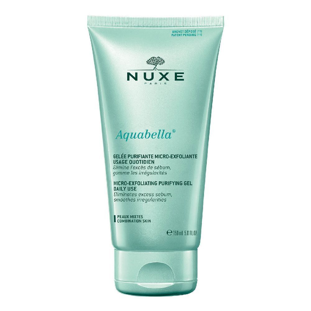 Gel in tubo azzurro chiaro. Logo NUXE Paris in alto. Testo: Aquabella, Gelée Purifiante Micro-Exfoliante, Micro-Exfoliating Purifying Gel. Per pelli miste.