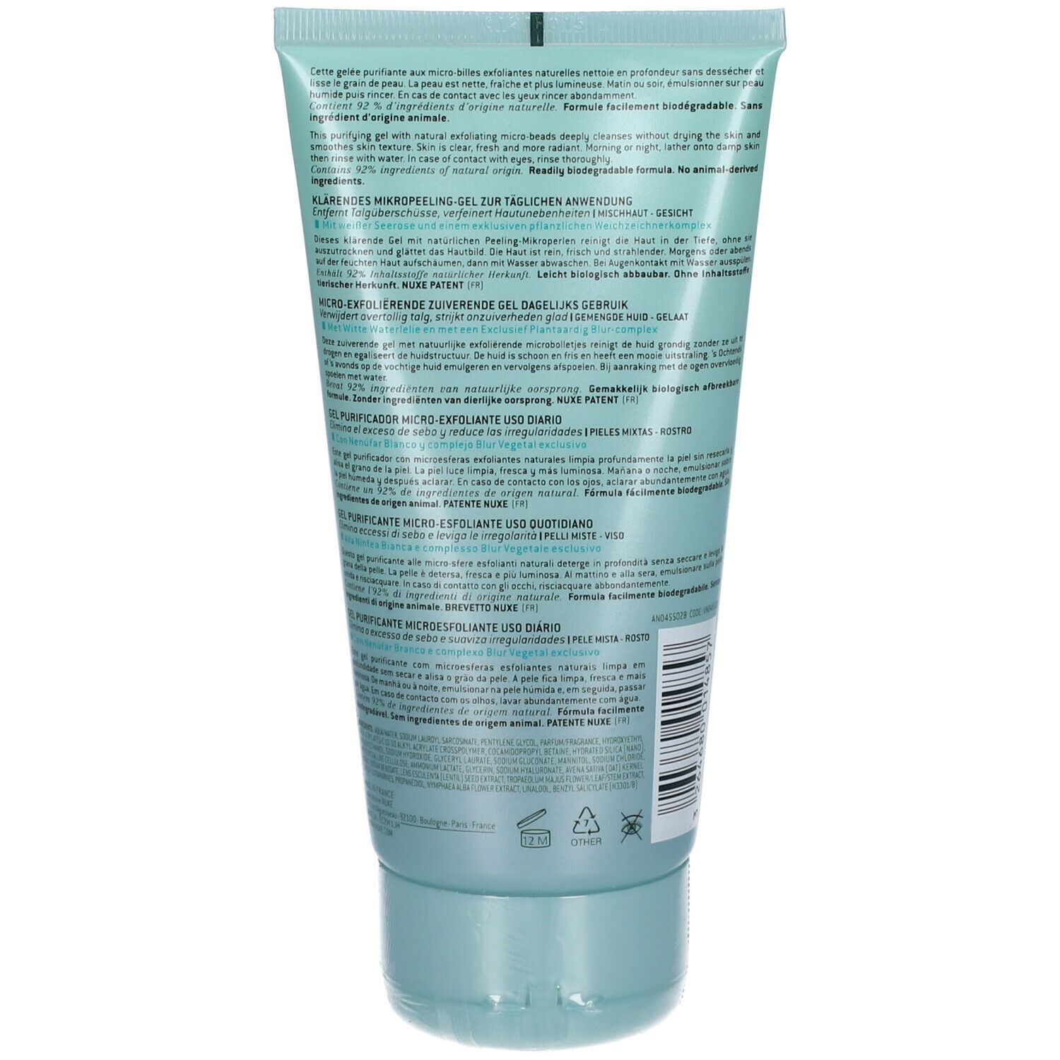 Retro di un tubo azzurro chiaro. Testo multilingue. Contiene informazioni su ingredienti, utilizzo e produttore.