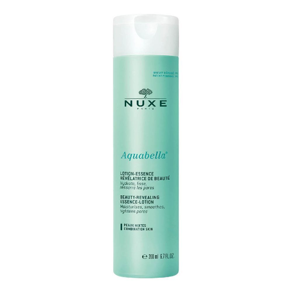Türkisgrüne Flasche mit weißem Deckel. Aufschrift: NUXE, Aquabella, Lotion-Essence. Für Mischhaut. 200 ml.