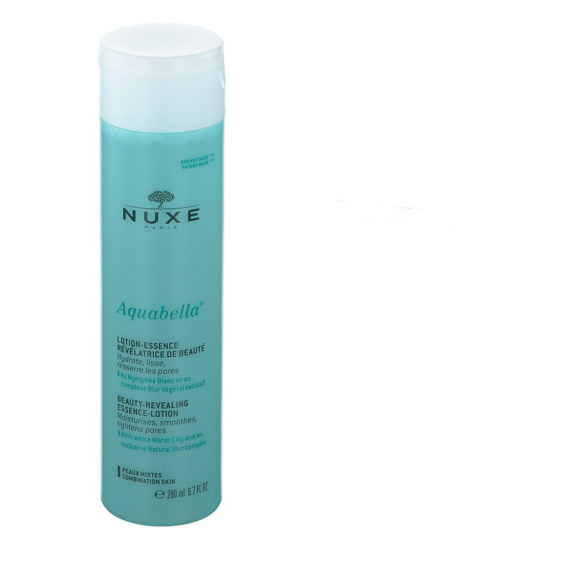 Türkisgrüne Flasche mit weißem Deckel. Aufschrift: NUXE, Aquabella, Lotion-Essence. Für Mischhaut. 200 ml.