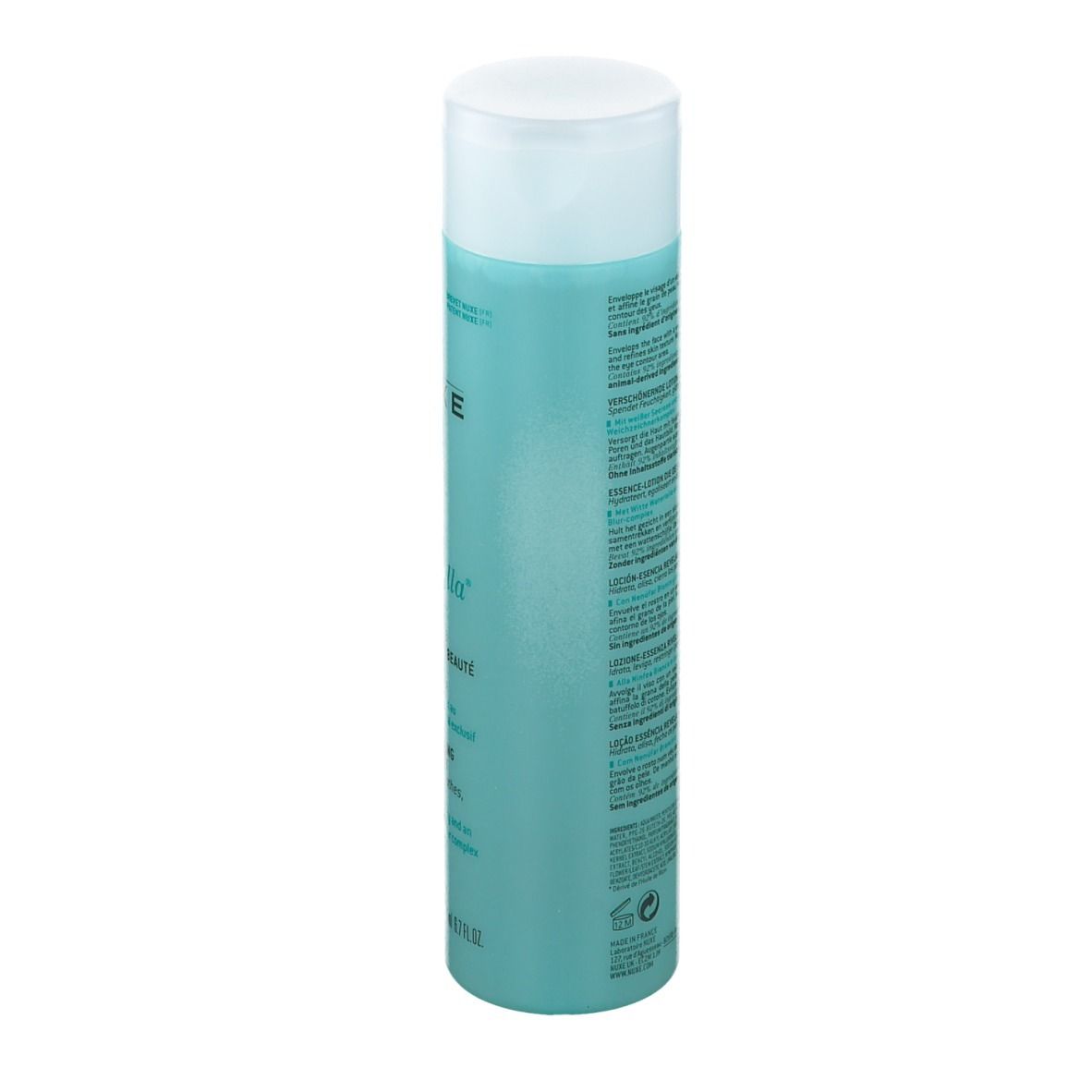 Türkisgrüne Flasche mit weißem Deckel. Rückseite mit Text. Aufschrift: NUXE, Aquabella, Lotion-Essence. Für Mischhaut.