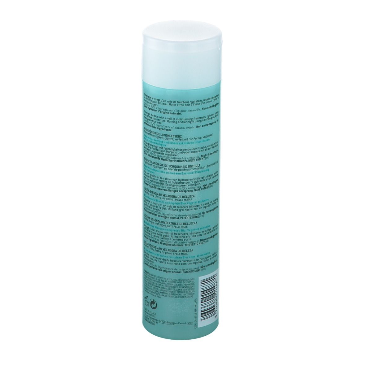 Türkisgrüne Flasche mit weißem Deckel. Rückseite mit Text. Aufschrift: NUXE, Aquabella, Lotion-Essence. Für Mischhaut.