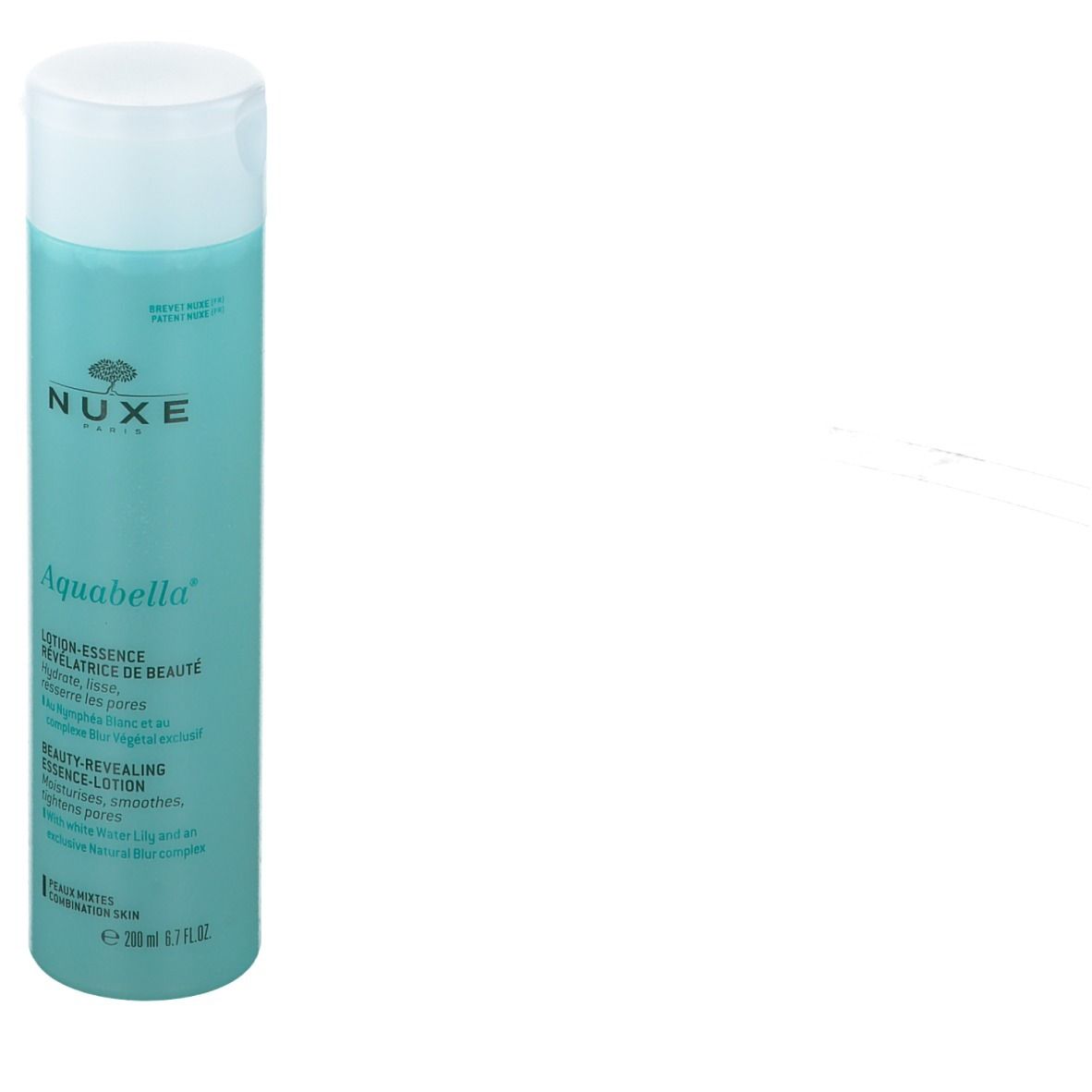 Türkisgrüne Flasche mit weißem Deckel. Aufschrift: NUXE, Aquabella, Lotion-Essence. Für Mischhaut. 200 ml.
