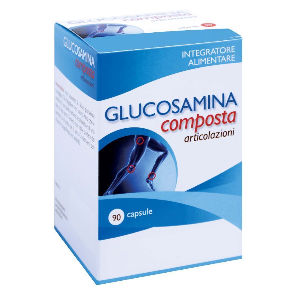Scatola di Glucosamina Composta, 90 capsule. Confezione blu e bianca con nome del prodotto e illustrazione di un'articolazione.