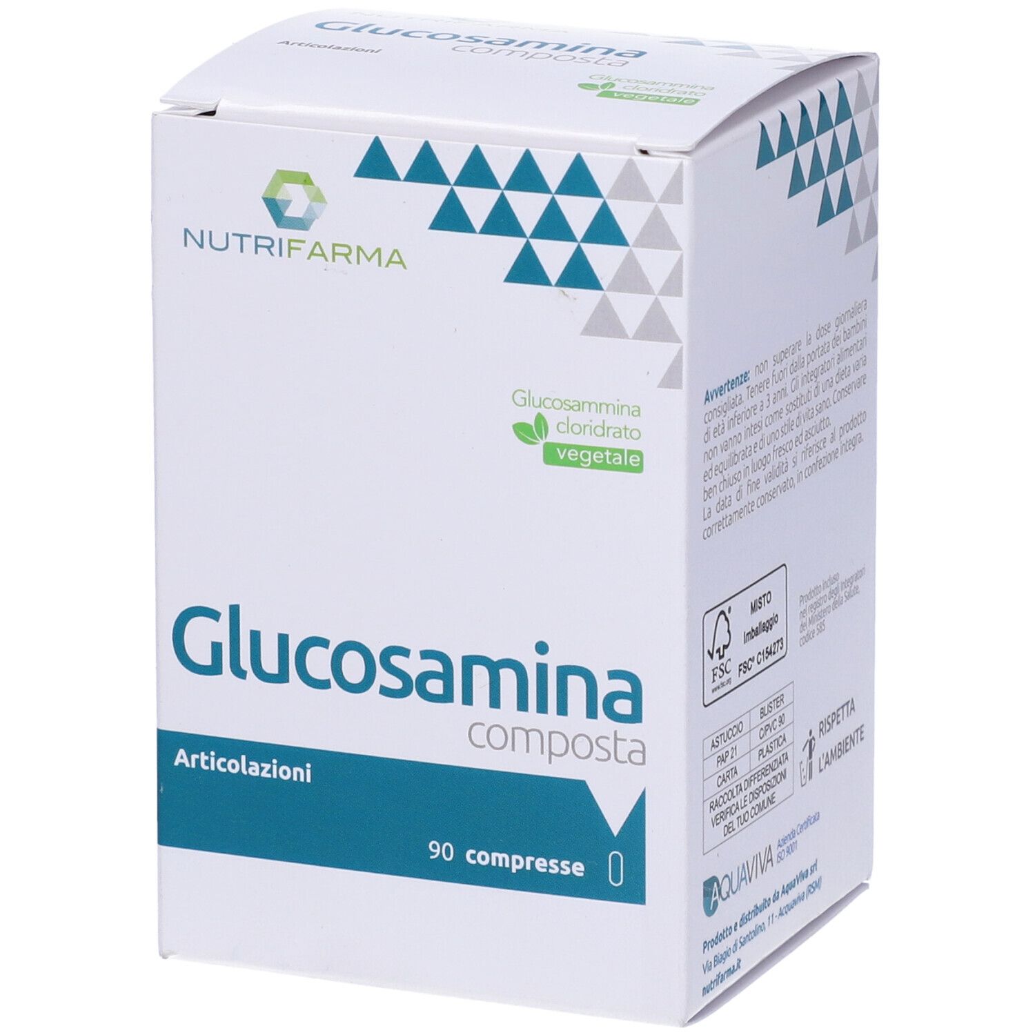Scatola bianca di Glucosamina Composta, 90 compresse. Marchio Nutrifarma. Con forme geometriche verdi e blu.