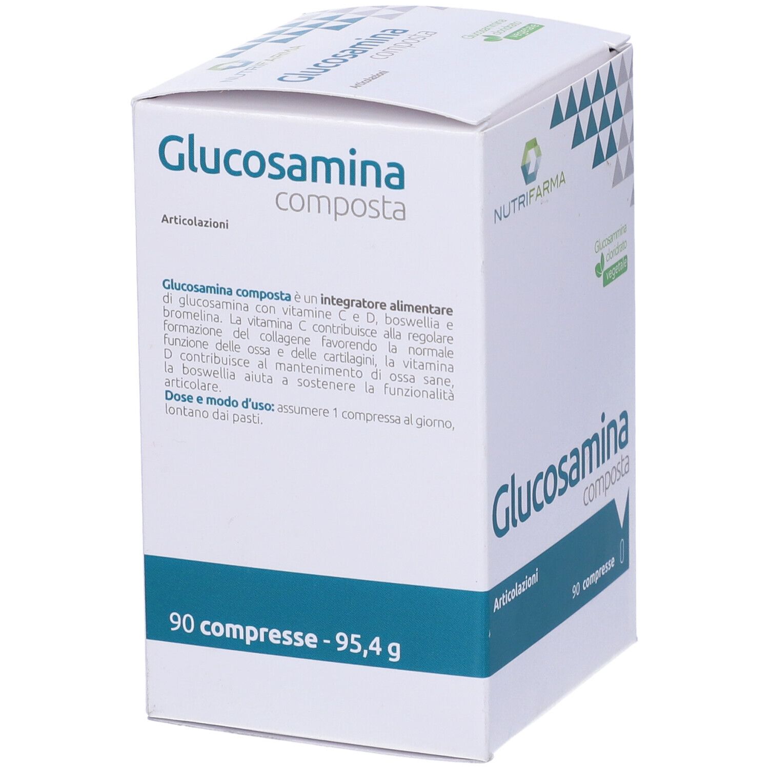 Scatola bianca di Glucosamina Composta, 90 compresse. Marchio Nutrifarma. Testo con ingredienti e informazioni nutrizionali.
