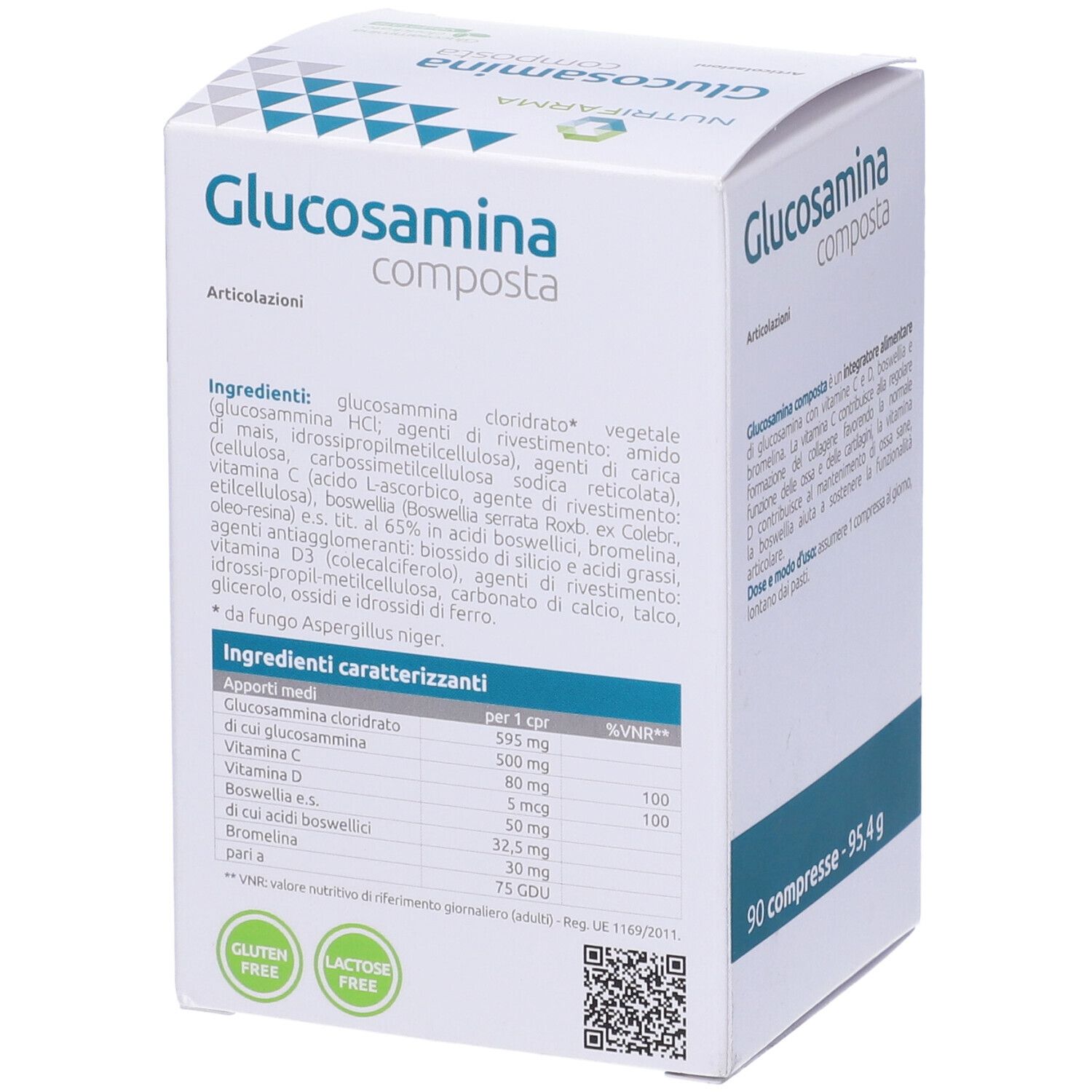 Scatola bianca di Glucosamina Composta, 90 compresse. Marchio Nutrifarma. Retro con ingredienti e informazioni nutrizionali.