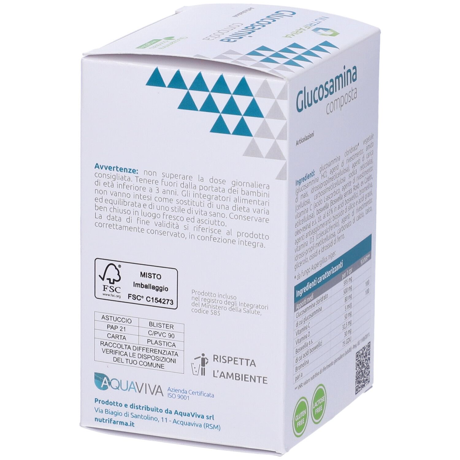 Scatola bianca di Glucosamina Composta, 90 compresse. Marchio Nutrifarma. Retro con avvertenze e simboli di riciclaggio.