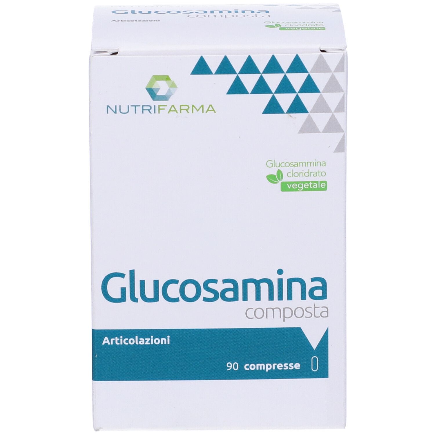 Scatola bianca di Glucosamina Composta, 90 compresse. Marchio Nutrifarma. Con forme geometriche verdi e nome del prodotto.