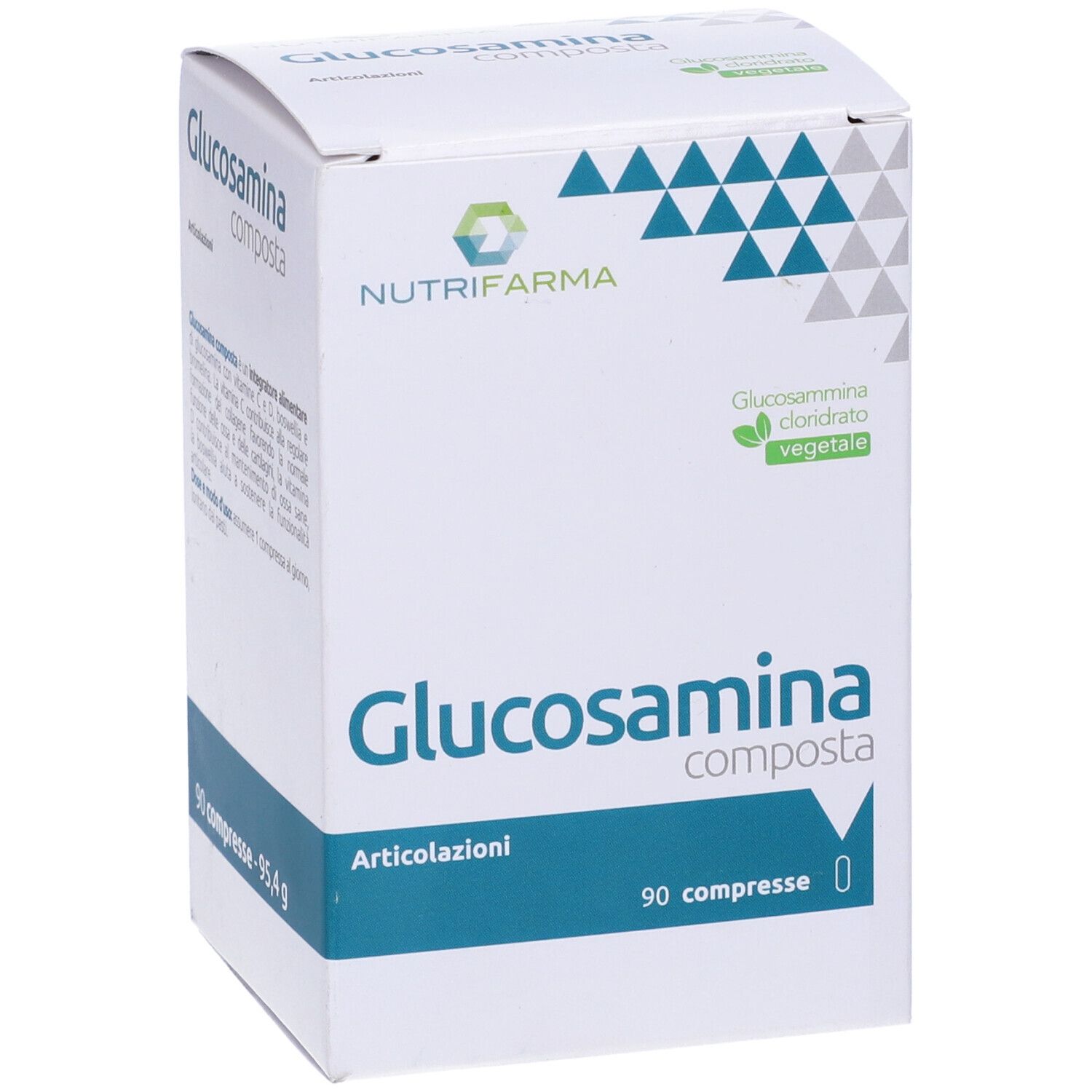 Scatola bianca di Glucosamina Composta, 90 compresse. Marchio Nutrifarma. Con forme geometriche verdi e nome del prodotto.