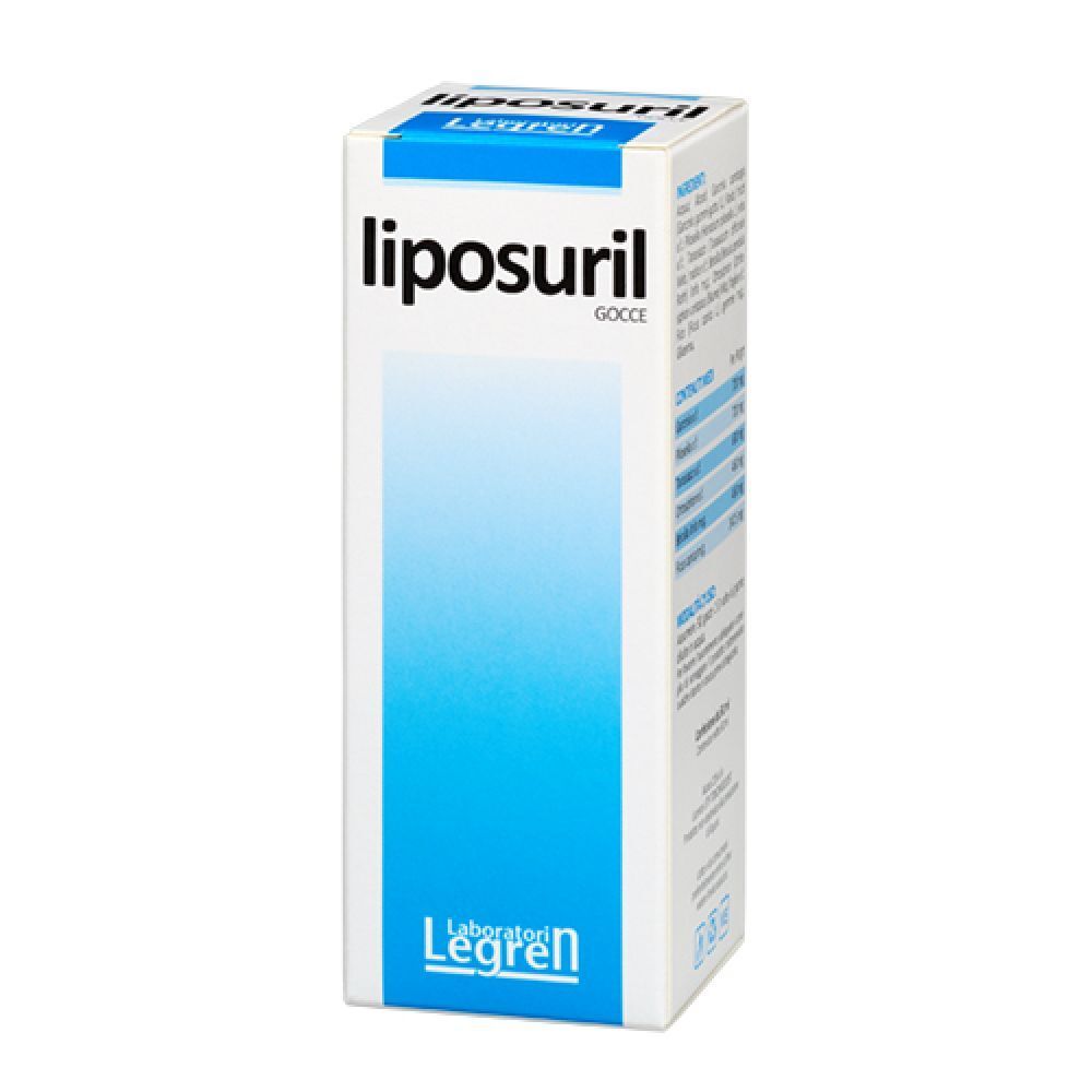 Scatola con stampa del prodotto. Scritta: Liposuril Gocce. Marchio: Legren. Colori blu e bianco.
