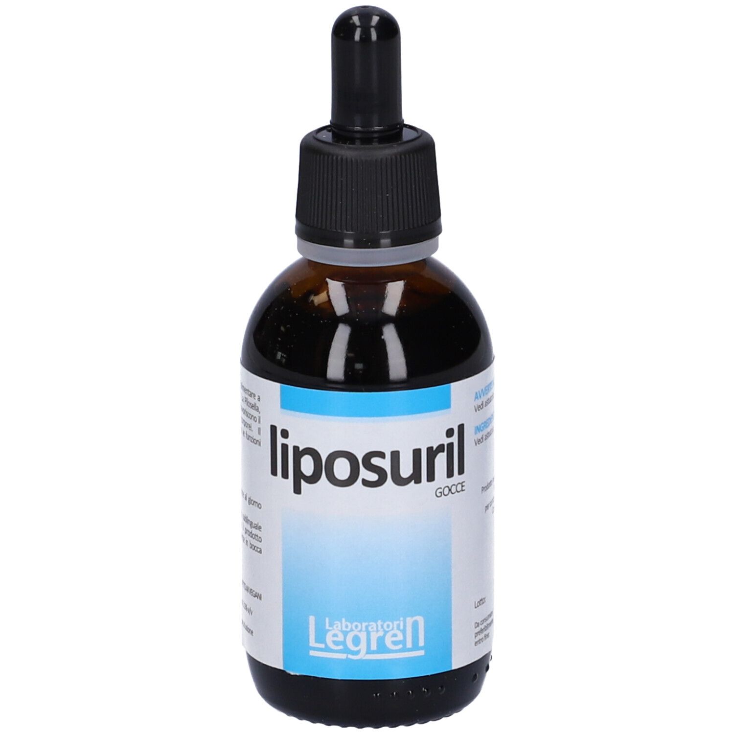 Flacone di vetro marrone con contagocce nero. Scritta: Liposuril Gocce. Marchio: Legren. Etichetta con area blu.