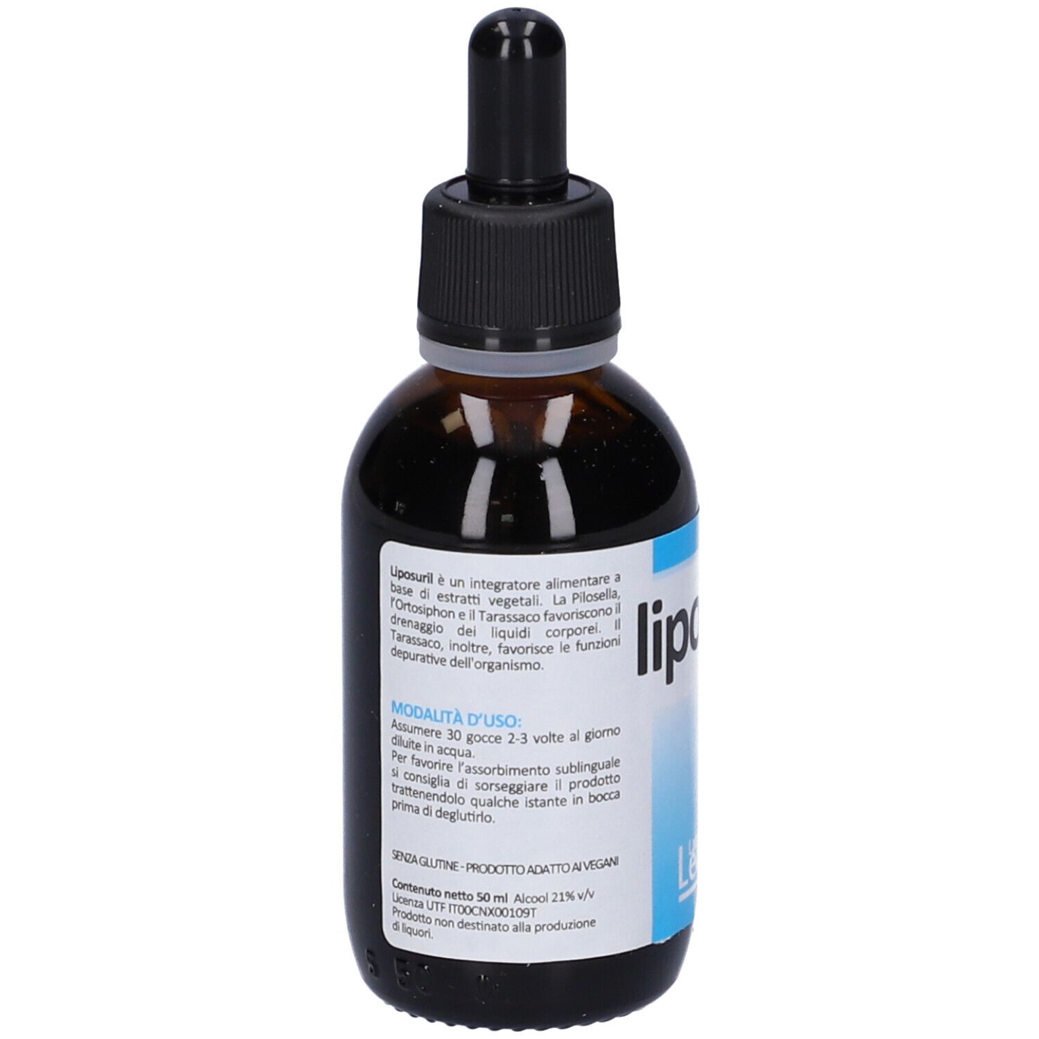 Flacone di vetro marrone con contagocce nero. Scritta: Liposuril Gocce. Marchio: Legren. Etichetta con area blu e testo.