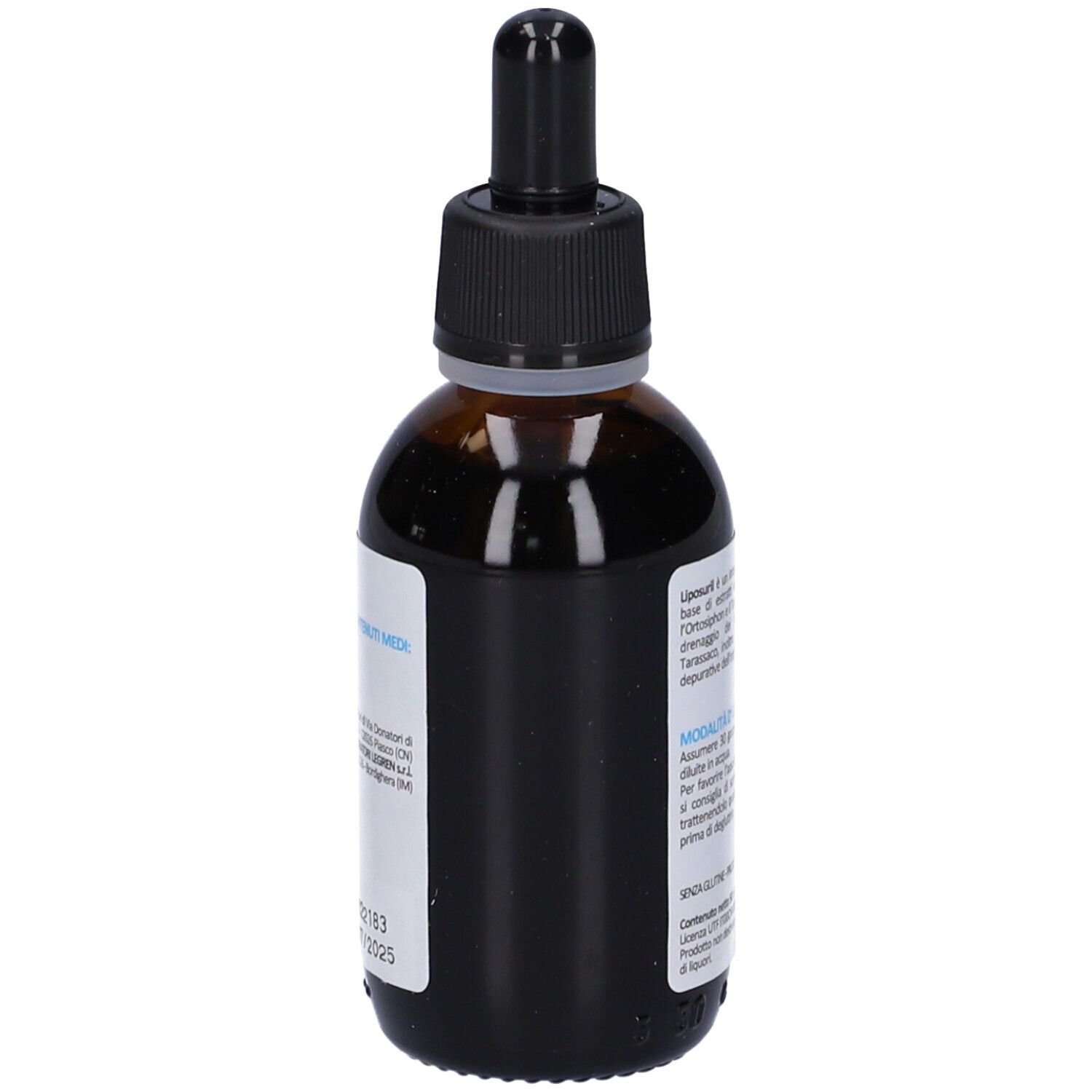 Flacone di vetro marrone con contagocce nero. Scritta: Liposuril Gocce. Marchio: Legren. Etichetta con area blu e testo.