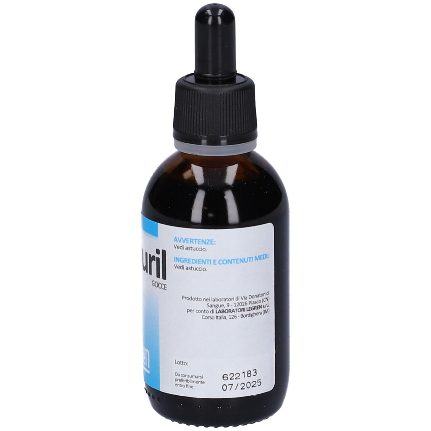 Flacone di vetro marrone con contagocce nero. Scritta: Liposuril Gocce. Marchio: Legren. Etichetta con area blu e testo.