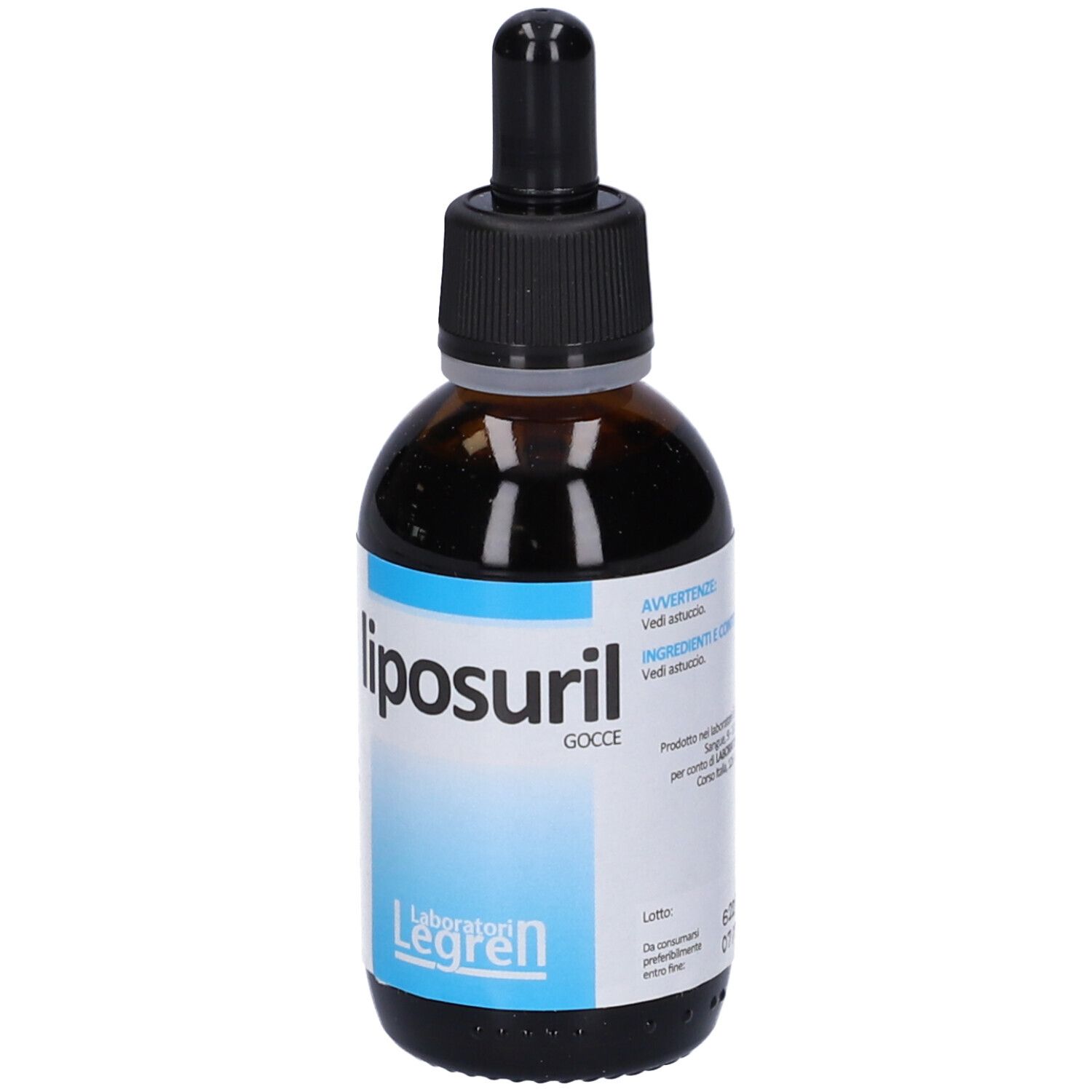 Flacone di vetro marrone con contagocce nero. Scritta: Liposuril Gocce. Marchio: Legren. Etichetta con area blu e testo.