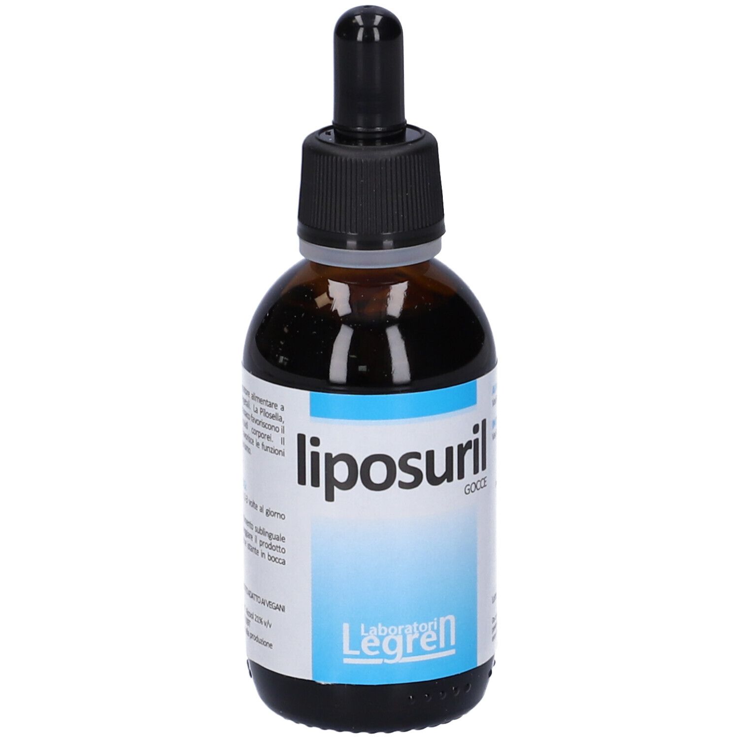 Flacone di vetro marrone con contagocce nero. Scritta: Liposuril Gocce. Marchio: Legren. Etichetta con area blu e testo.