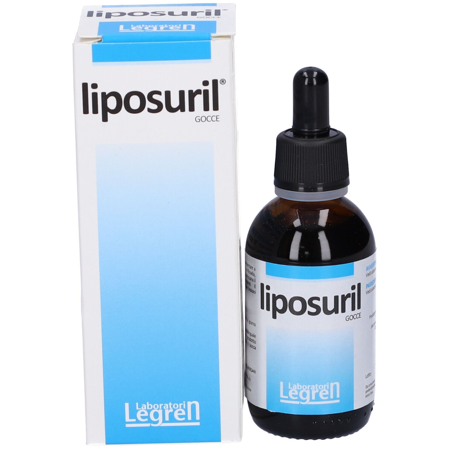 Flacone e confezione del prodotto. Flacone marrone con contagocce nero. Scritta: Liposuril Gocce. Marchio: Legren. Scatola accanto.