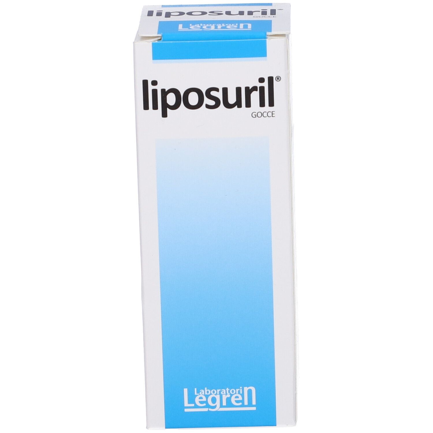 Scatola con stampa del prodotto. Scritta: Liposuril Gocce. Marchio: Legren. Colori blu e bianco. Primo piano.