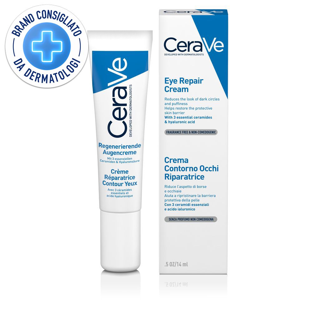 CeraVe crema occhi, tubo e confezione. Sigillo raccomandato dai dermatologi.
