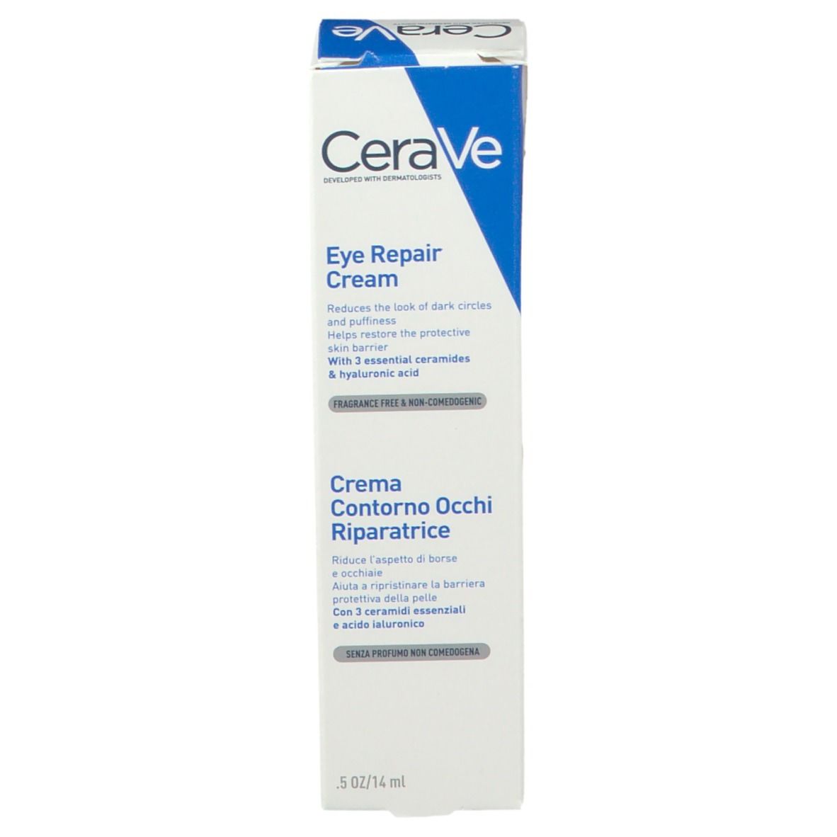 CeraVe crema occhi, confezione. Nome, descrizione e logo del prodotto.