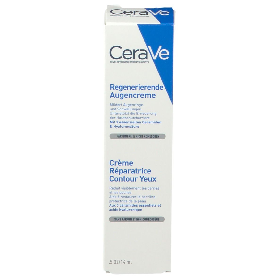 CeraVe crema occhi, confezione. Nome, descrizione e logo.