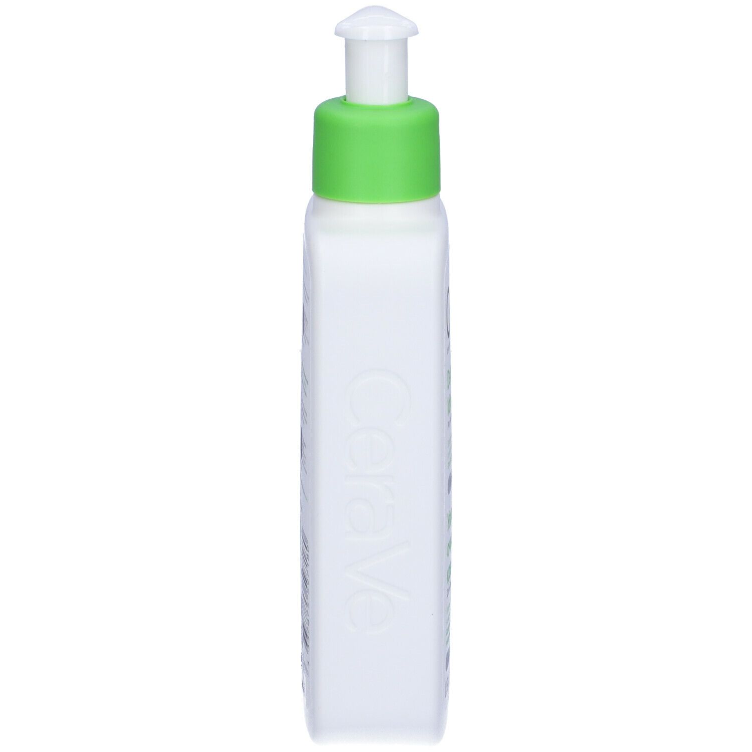 Flacone bianco con tappo verde. Vista laterale. Logo e testo CeraVe.