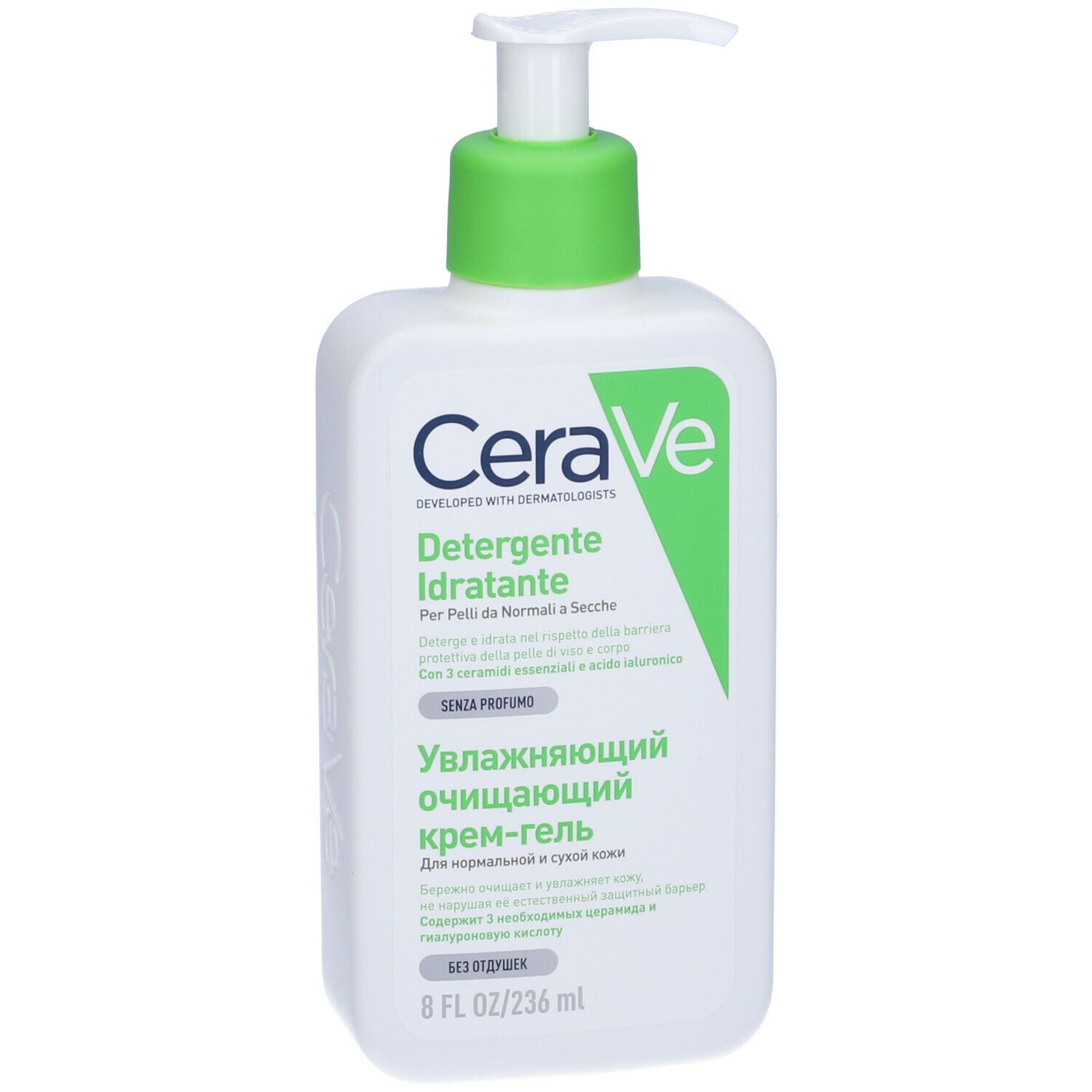 CeraVe Detergente Idratante. Flacone bianco con tappo verde. Testo in più lingue.