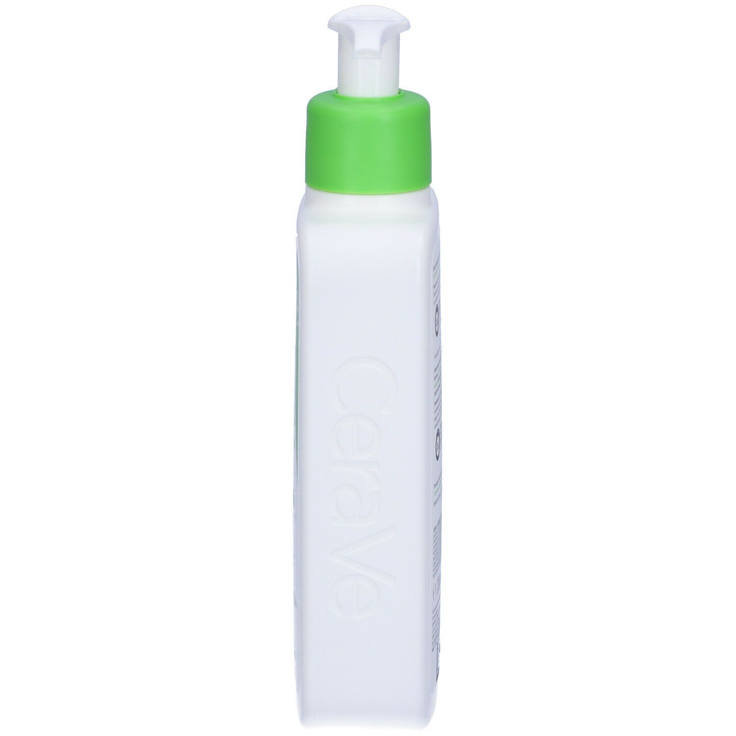 Flacone bianco con tappo verde. Vista laterale. Logo e testo CeraVe.