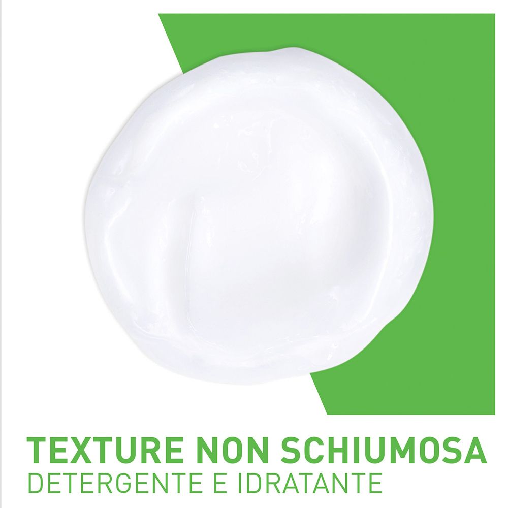 Texture bianca non schiumogena. Su sfondo verde. Testo: Texture non schiumogena, detergente e idratante.