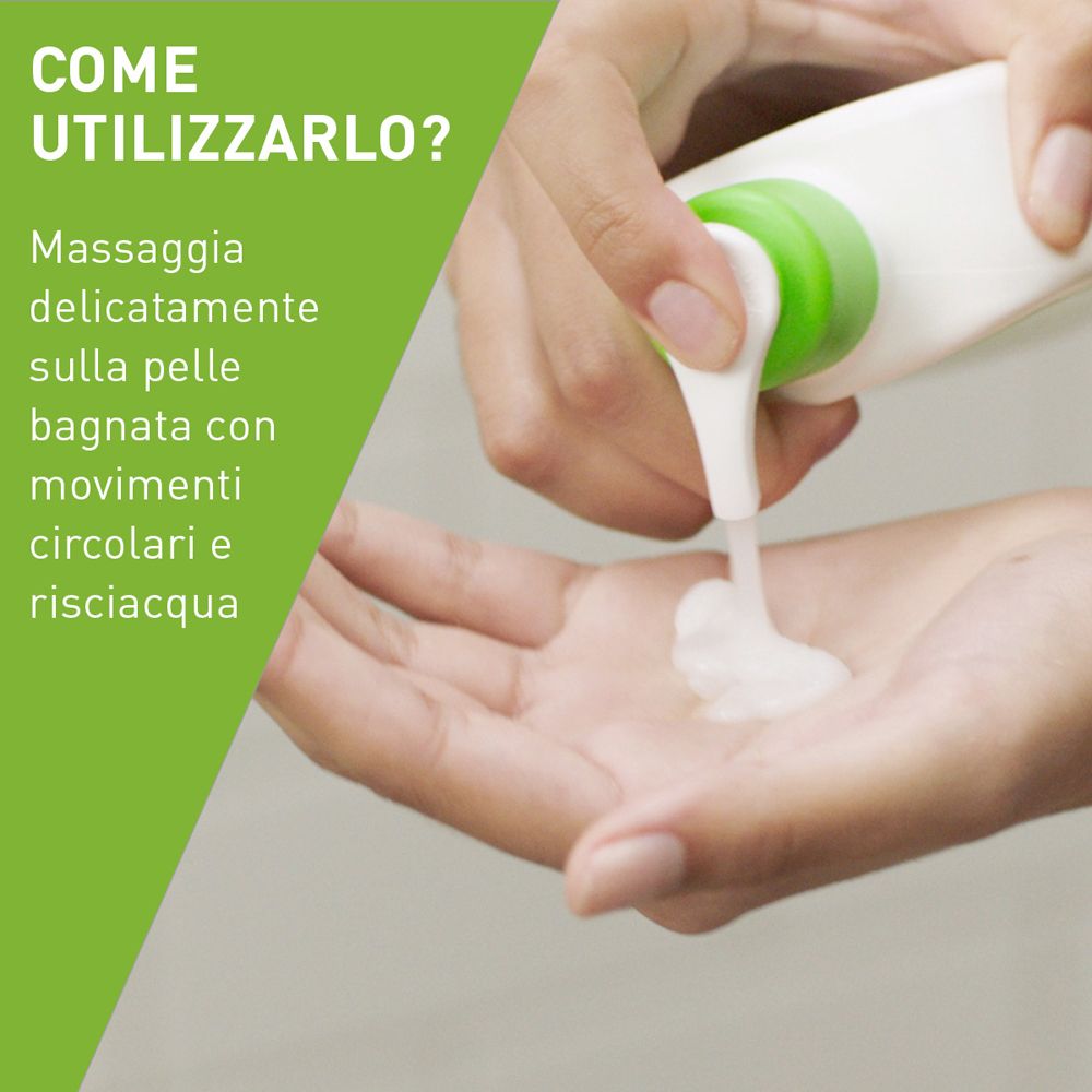 Mano che preme la lozione detergente dalla bottiglia. Testo: Come usarlo? Applicare delicatamente sulla pelle bagnata.