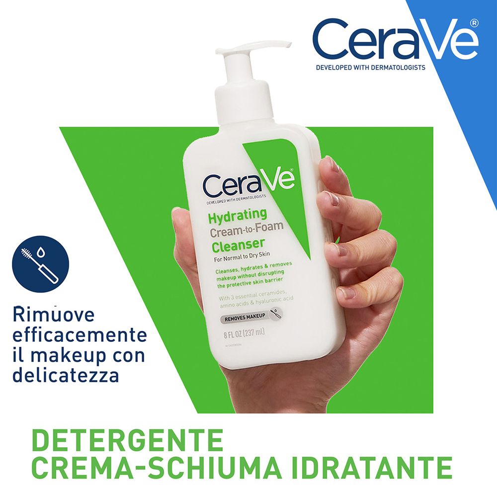 Mano che tiene CeraVe Hydrating Cream-to-Foam Cleanser. Flacone bianco con tappo verde. Testo.